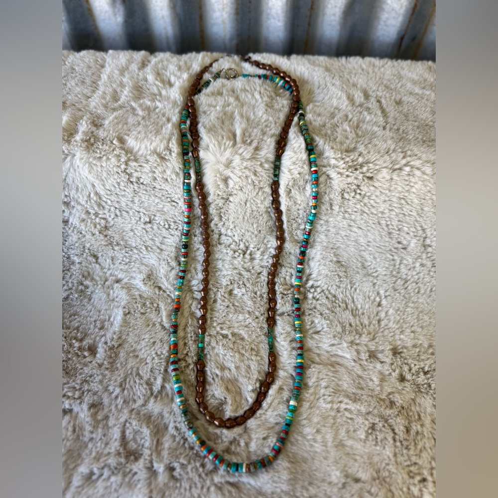 2 Handmade Southwestern Beaded Necklaces, turquoise and other beads and copper